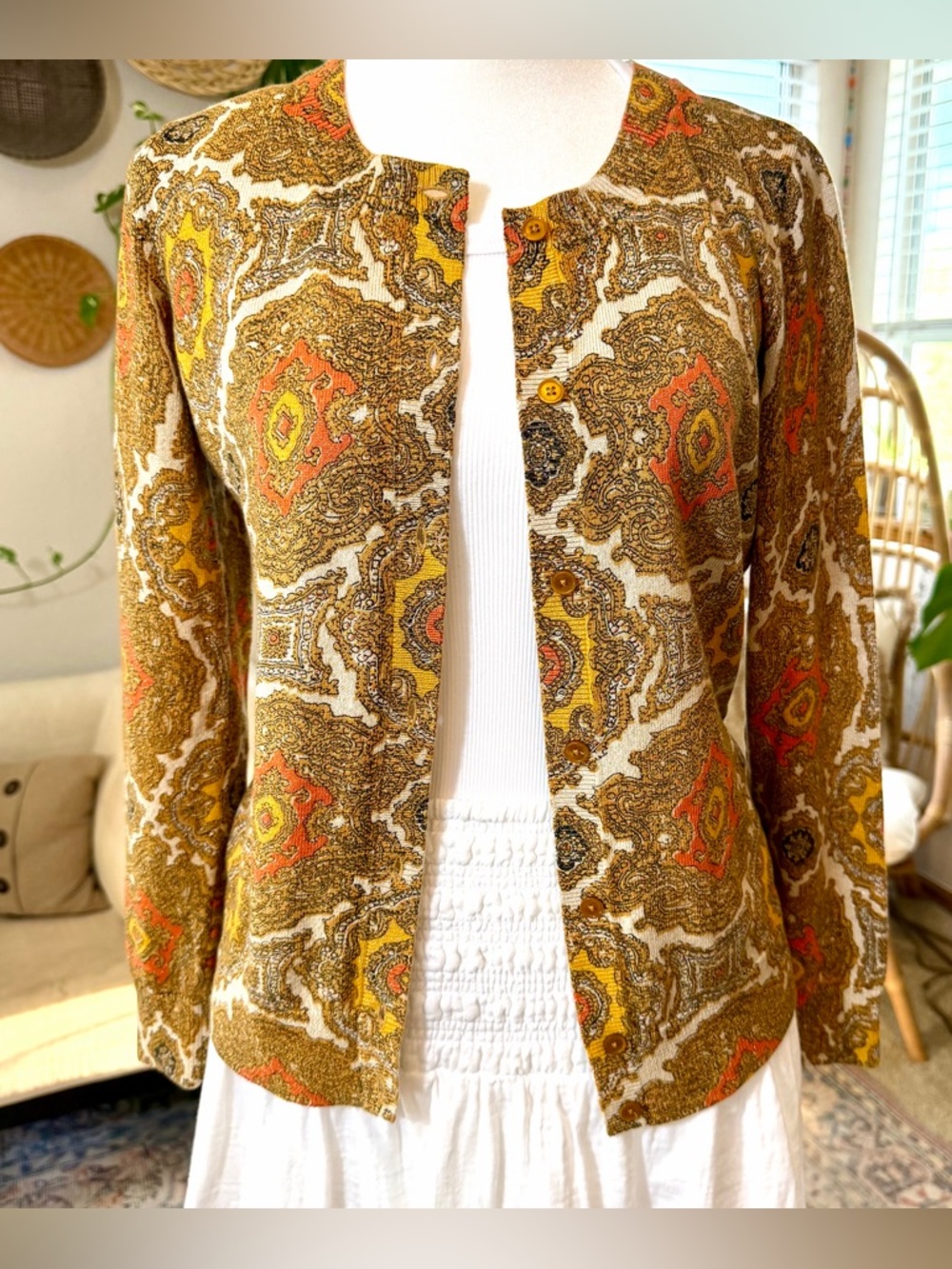Talbots Medallion Metallic Cardigan Sweater Moroccan Pattern Gold Brown S P